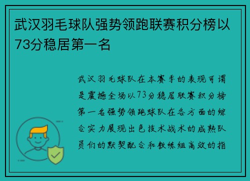 武汉羽毛球队强势领跑联赛积分榜以73分稳居第一名